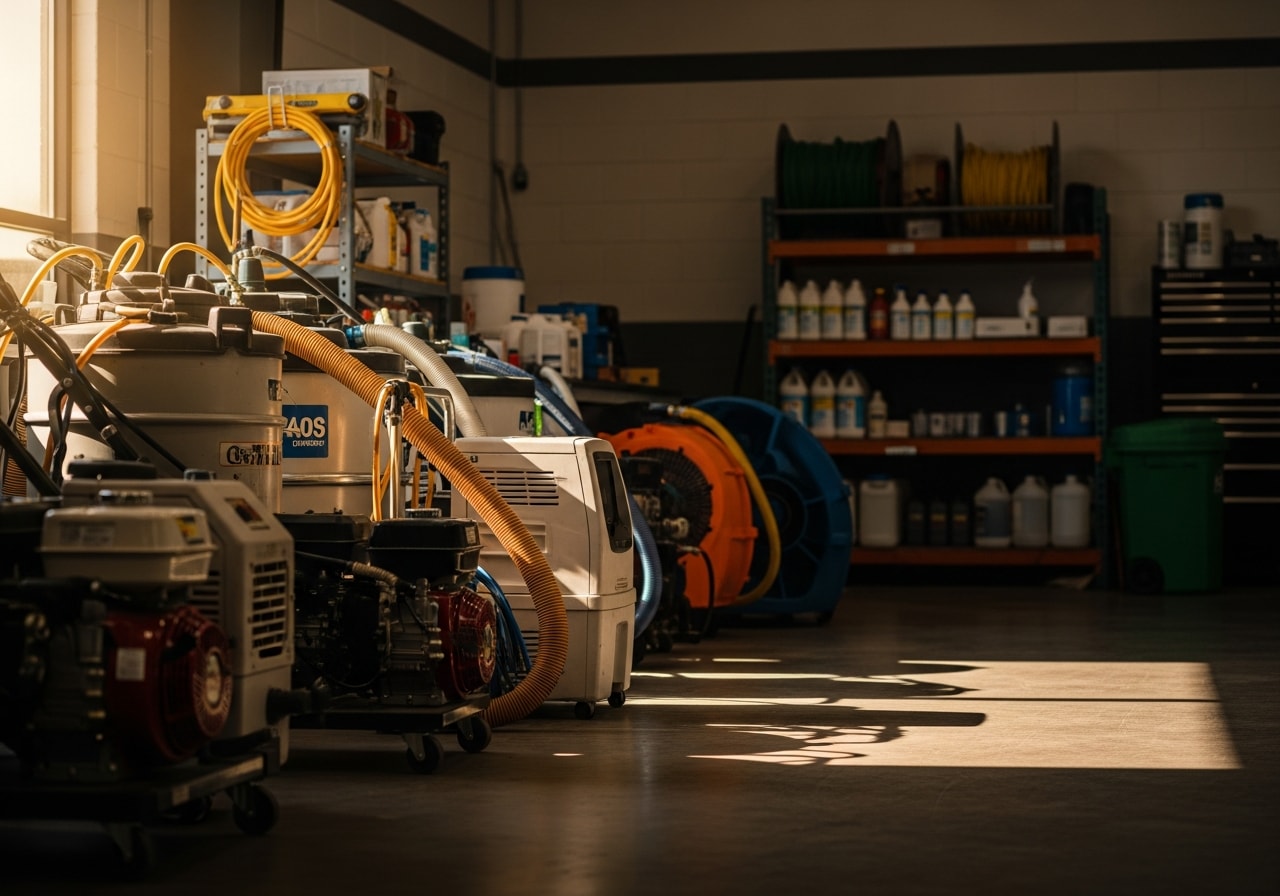 Professional restoration crew with equipment and tools ready for emergency response work.