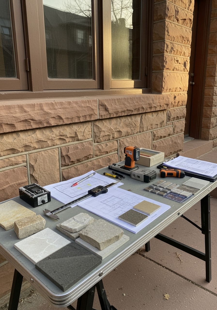 Contractor on Boulder property carefully inspecting and measuring exterior finishes against local design standards.