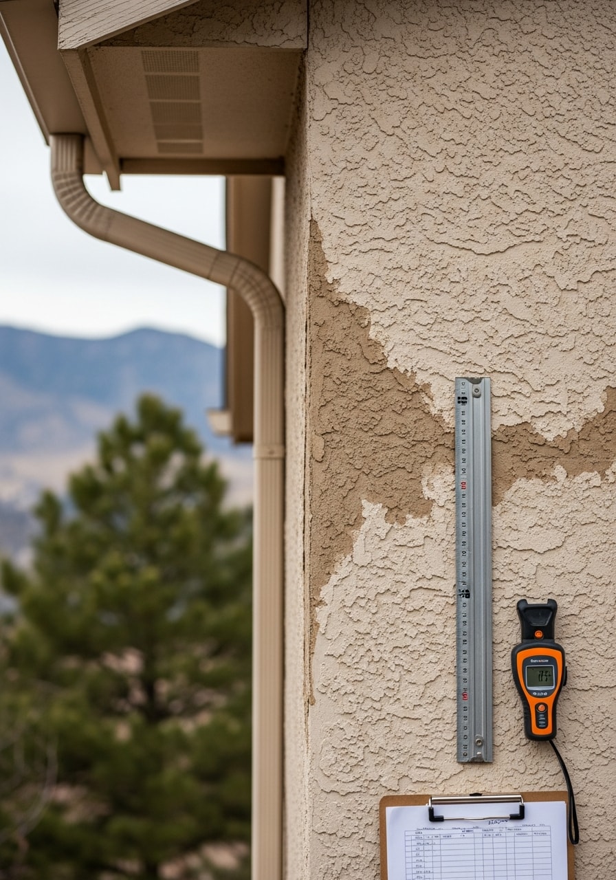 Contractor measuring and inspecting exterior materials on south Denver home, demonstrating precision and care.