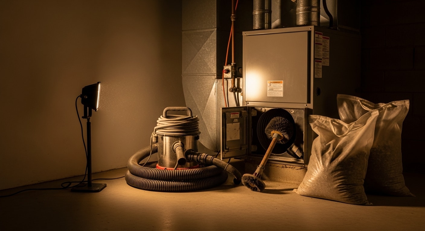 A technician from Elite 1 Restoration cleaning debris-filled air ducts inside a Denver home. The image shows a duct register removed from the wall with visible dust buildup, and a vacuum hose inserted into the ductwork during the cleaning process.