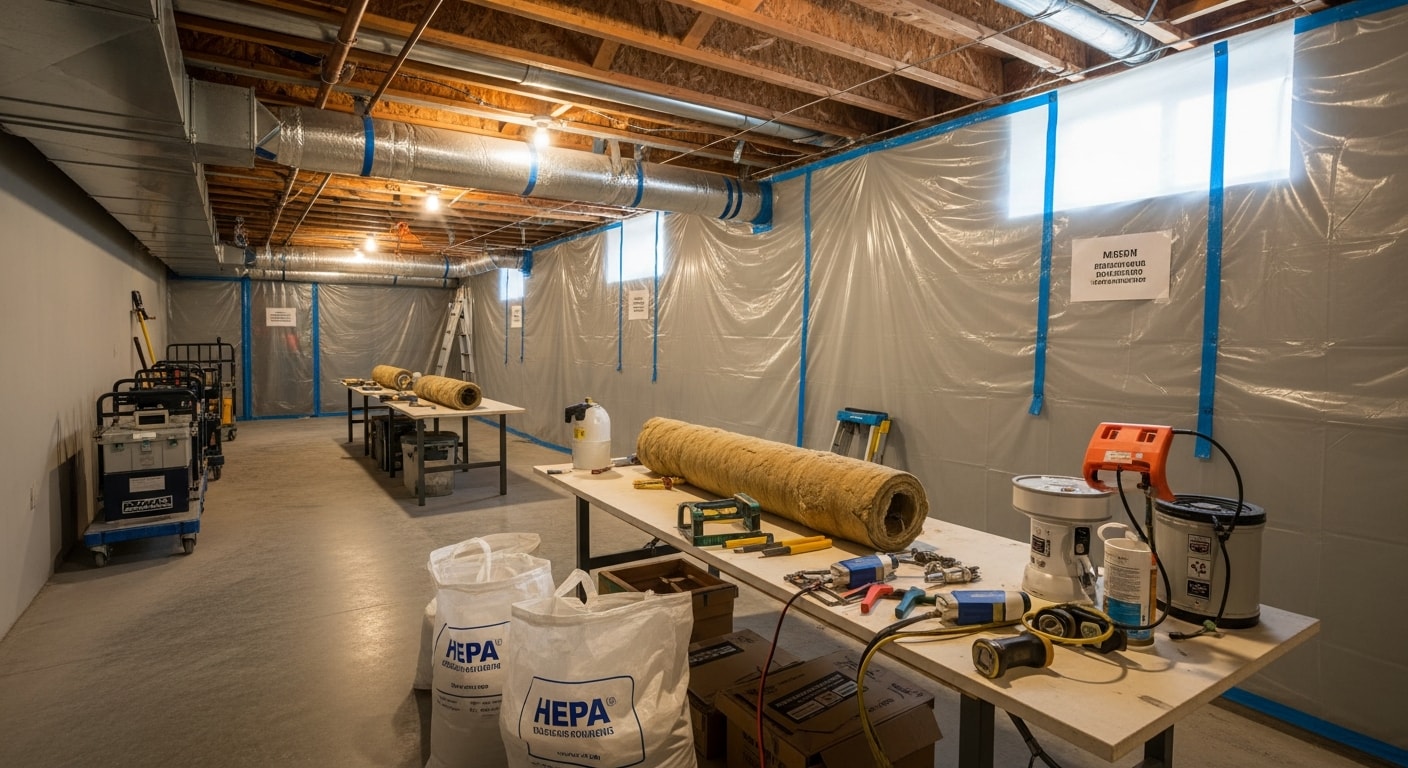 A certified abatement technician in a full protective suit and respirator removes pipe insulation inside an older Denver home. The work area is sealed with plastic sheeting and a negative air pressure unit runs in the background.