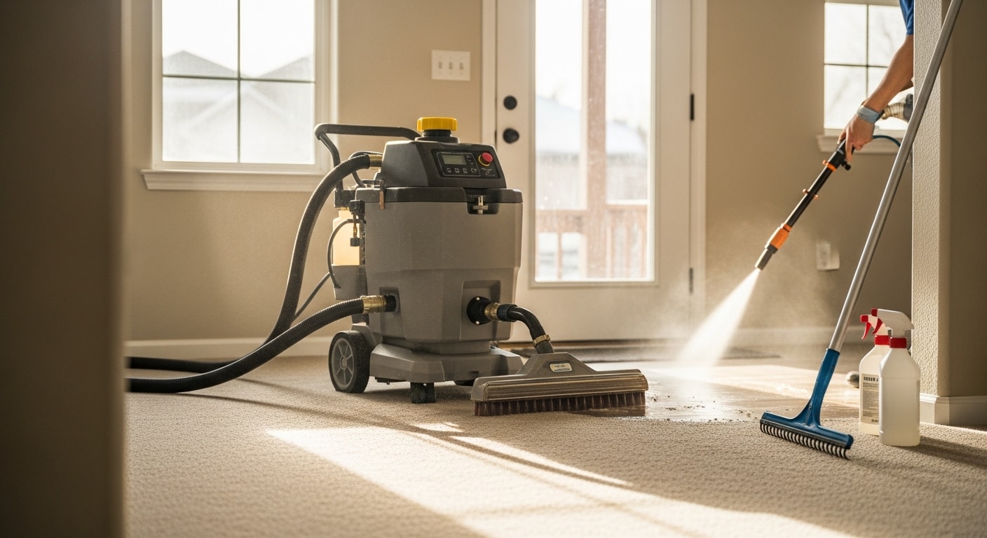 A Denver living room with freshly cleaned carpet showing restored color and texture after professional hot water extraction. A technician from Elite 1 Restoration operates cleaning equipment near a bright window.