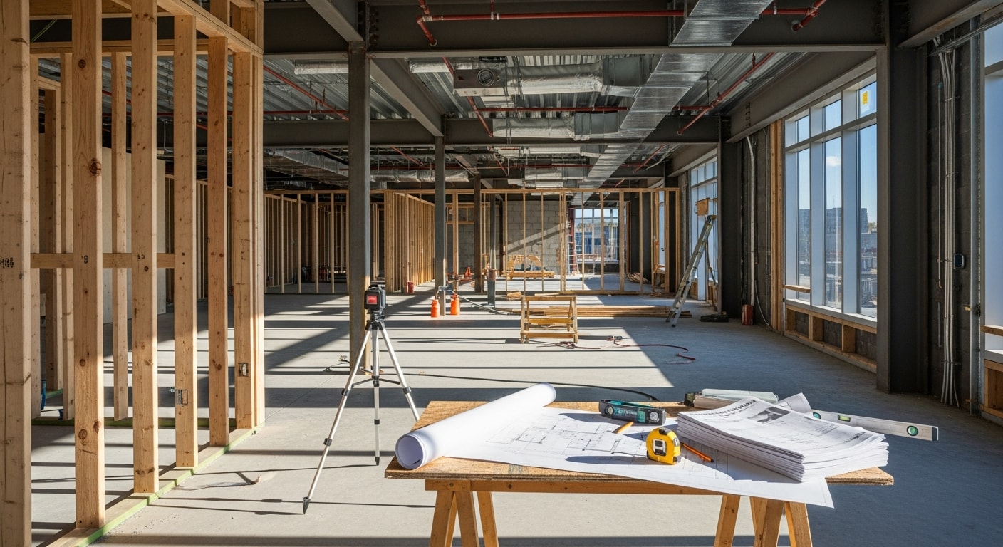 A completed commercial building exterior in Denver, Colorado, showing a finished facade with clean structural lines against a clear sky. The site reflects ground-up commercial construction work by a general contractor serving the Denver metro area.