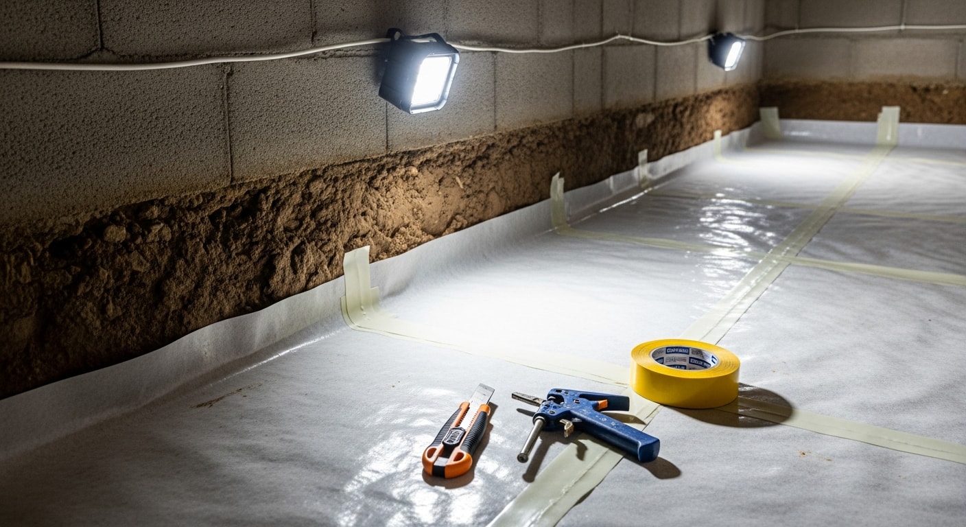 A clean, fully encapsulated crawlspace beneath a Denver home, with a white reinforced vapor barrier covering the floor and foundation walls. The sealed space shows no exposed soil, debris, or moisture damage after professional cleanup and encapsulation by Elite 1 Restoration.