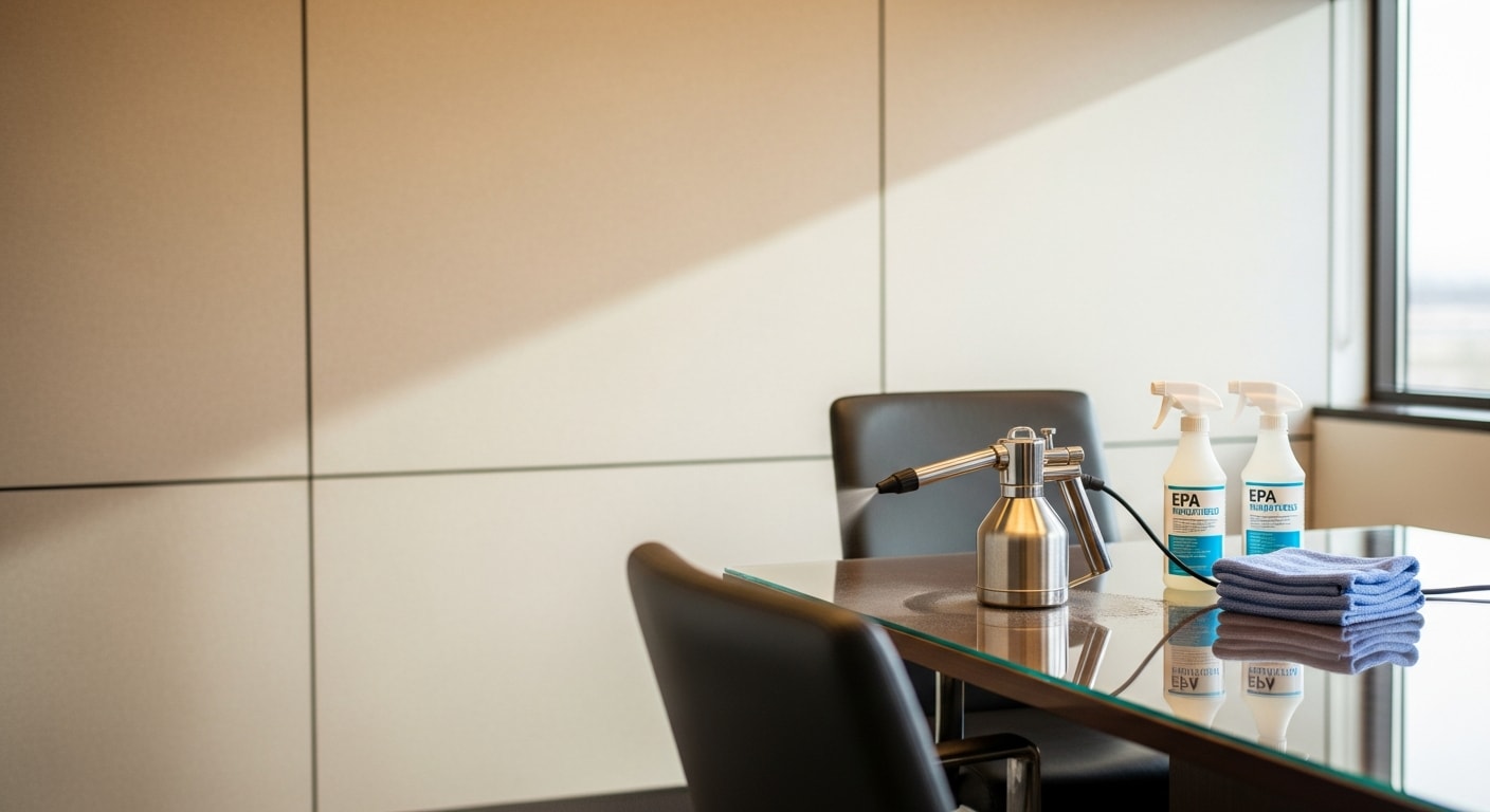 A disinfection technician in protective gear treating high-touch surfaces inside a Denver commercial property. EPA-registered disinfectant is being applied to countertops and door handles in a well-lit interior space.