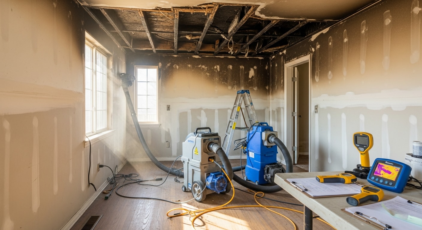 A Denver home interior showing fire-charred walls and soot-covered surfaces being cleaned and restored by a professional damage restoration crew. Smoke residue is visible on ceiling beams and ductwork prior to treatment.