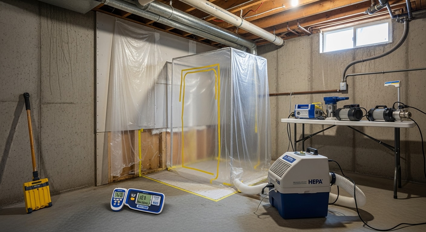 A mold remediation technician in full protective gear treating a mold-affected basement wall inside a Denver home. Plastic containment sheeting seals off the work area while a HEPA air scrubber runs in the background.