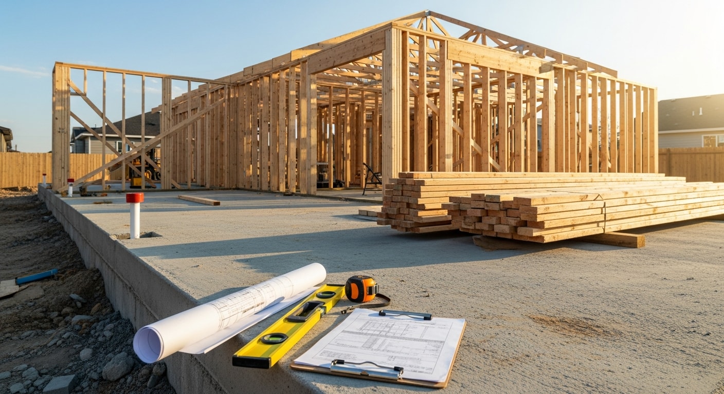 A newly framed residential structure under construction in a Denver neighborhood, showing exposed wall framing and foundation work on a clear day. A general contractor reviews structural plans on-site with the build in the background.