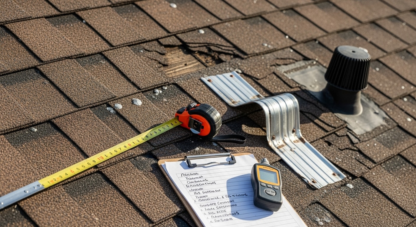 A Denver residential roof showing repaired shingle sections and restored flashing after hail storm damage. Elite 1 Restoration crew working on a pitched roof against a clear Colorado sky.