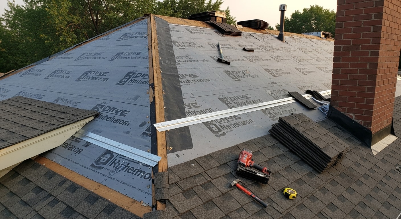 A completed roof replacement on a Denver residential home, showing new roofing material installed across the full slope with clean ridge lines and updated flashing at the edges. The surrounding neighborhood reflects a typical Denver residential street with mature trees and a clear sky overhead.
