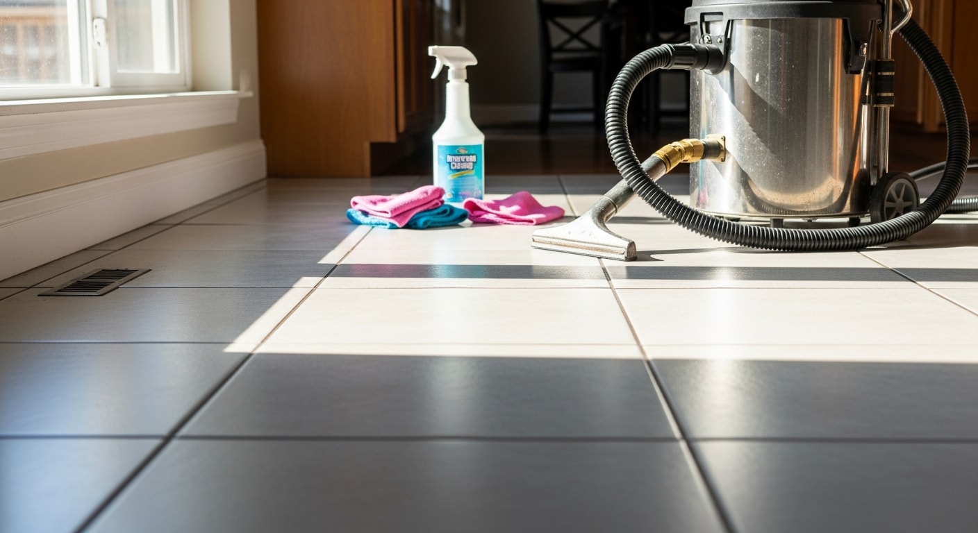 A Denver home bathroom floor showing clean, bright white grout lines and restored tile after professional tile cleaning service. Close-up view highlights the contrast between freshly cleaned grout and the surrounding ceramic tile surface.