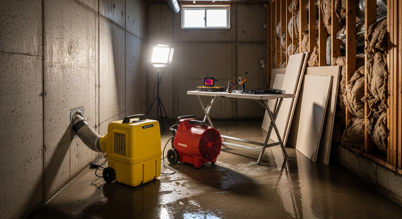 A water-damaged basement in a Denver home showing extracted standing water and commercial drying equipment placed along concrete walls. An Elite 1 Restoration technician inspects moisture levels in the drywall following a spring flooding event.
