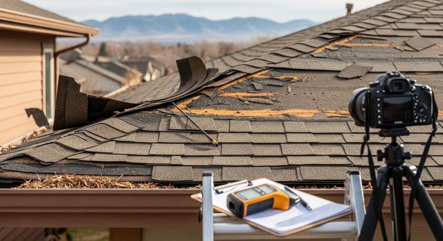 A Denver residential roof showing lifted shingles and separated flashing along the ridge line after a Front Range windstorm. An Elite 1 Restoration technician inspects the damage from the roof surface.